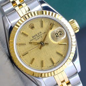 ROLEX LADIES DATEJUST 18KY GOLD & STEEL WATCH 69173 CHAMPAGNE LINEN DIAL 26MM